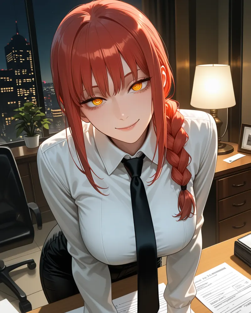 Makima AI art: Makima leaning over her office desk toward the viewer at night, papers on the desk and a lamp behind her
