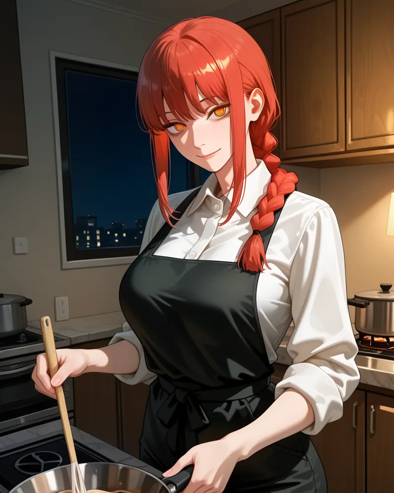 Makima AI art: Makima in a black apron over her white shirt, cooking at the stove in a kitchen at night