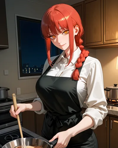 Makima in a kitchen at night, sleeves rolled up, stirring a pot of pasta and smiling over her shoulder